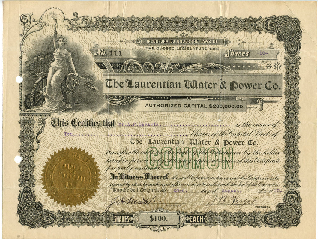 The Laurentian Water & Power Co. stock certificate