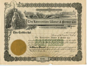 The Laurentian Water & Power Co. stock certificate