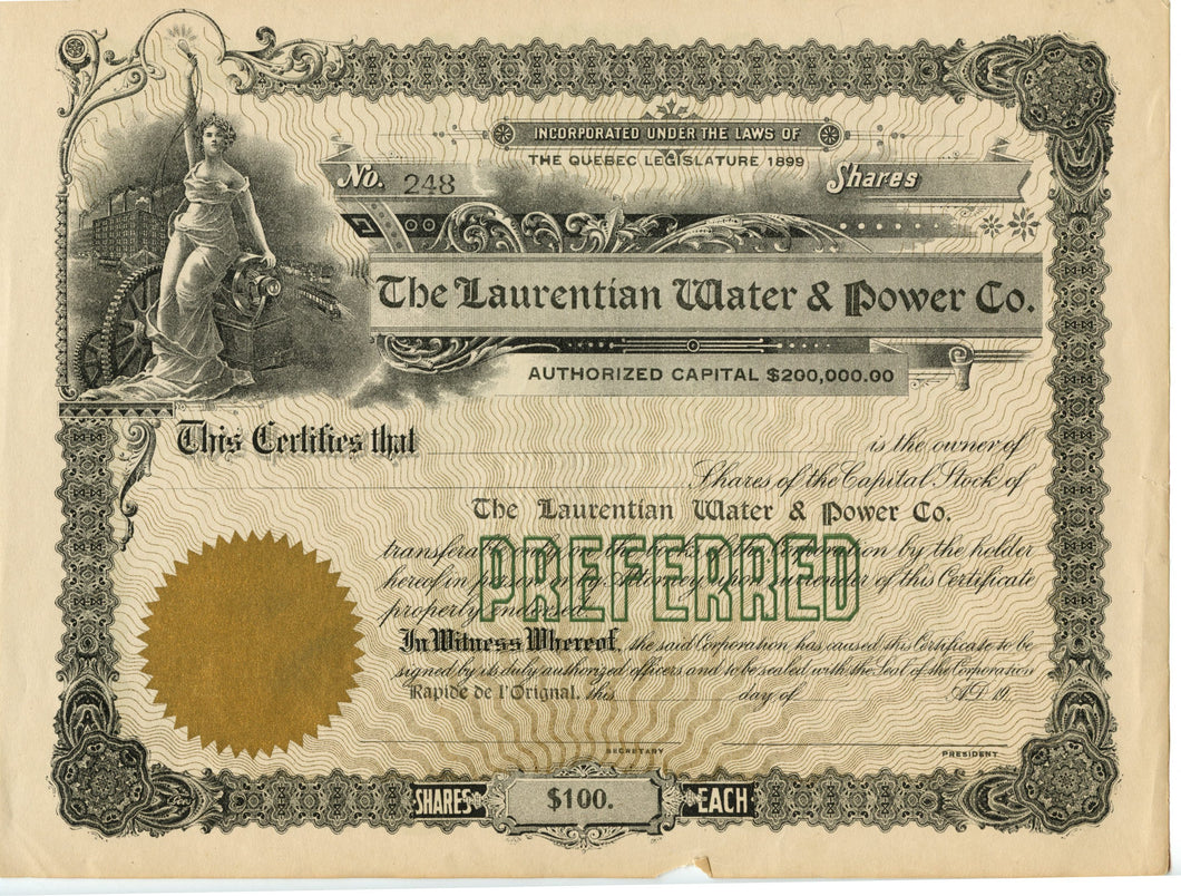 The Laurentian Water & Power Co. stock certificate