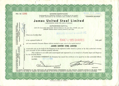 James United Steel Limited stock certificate