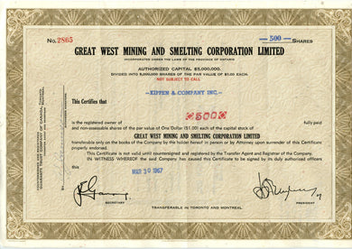 Great West Mining and Smelting Corporation stock certificate
