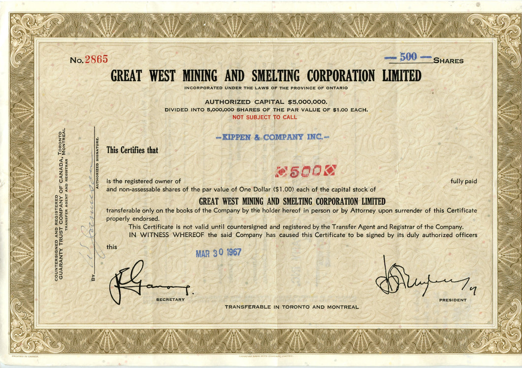 Great West Mining and Smelting Corporation stock certificate