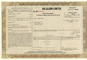 Rio Algom share subscription warrant 