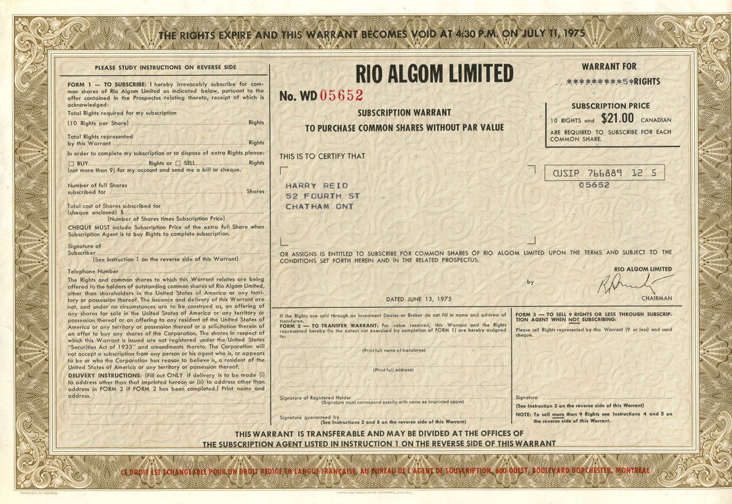 Rio Algom share subscription warrant 