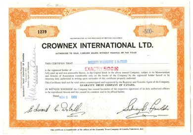 Crownex International stock certificate