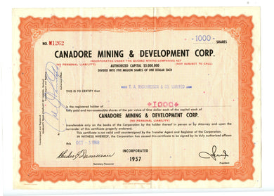 Canadore Mining & Development stock certificate