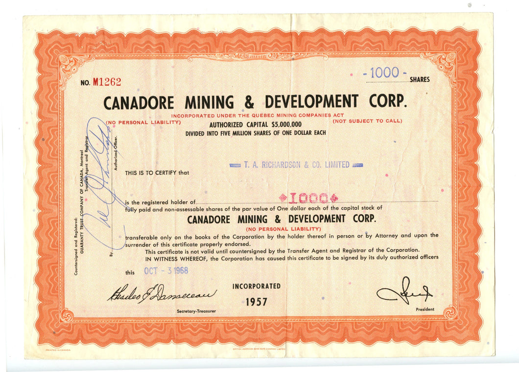 Canadore Mining & Development stock certificate