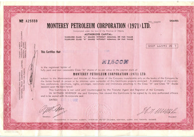 Monterey Petroleum Corporation (1971) stock certificate