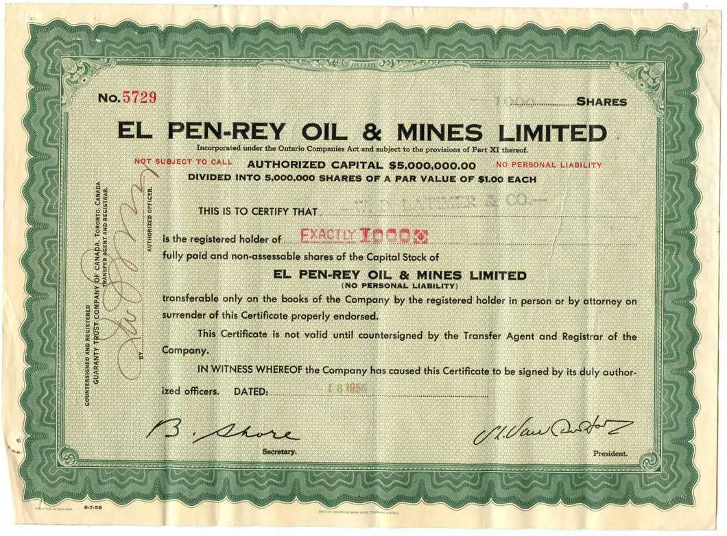 El Pen-Rey Oil & Mines stock certificate