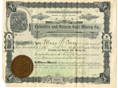 Columbia and Ontario Gold Mining stock certificate