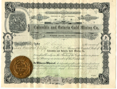 Columbia and Ontario Gold Mining stock certificate