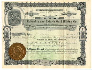 Columbia and Ontario Gold Mining stock certificate