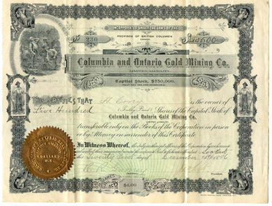Columbia and Ontario Gold Mining stock certificate