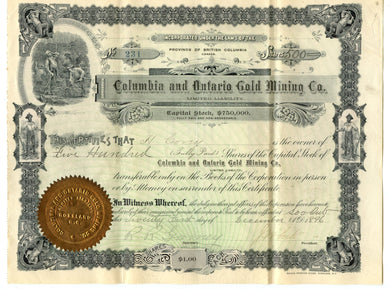 Columbia and Ontario Gold Mining stock certificate