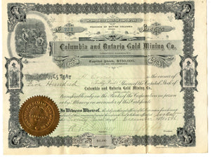 Columbia and Ontario Gold Mining stock certificate