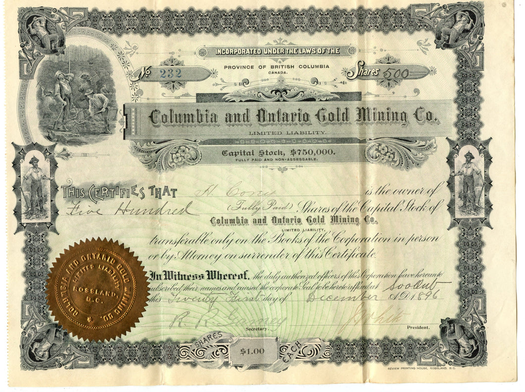 Columbia and Ontario Gold Mining stock certificate