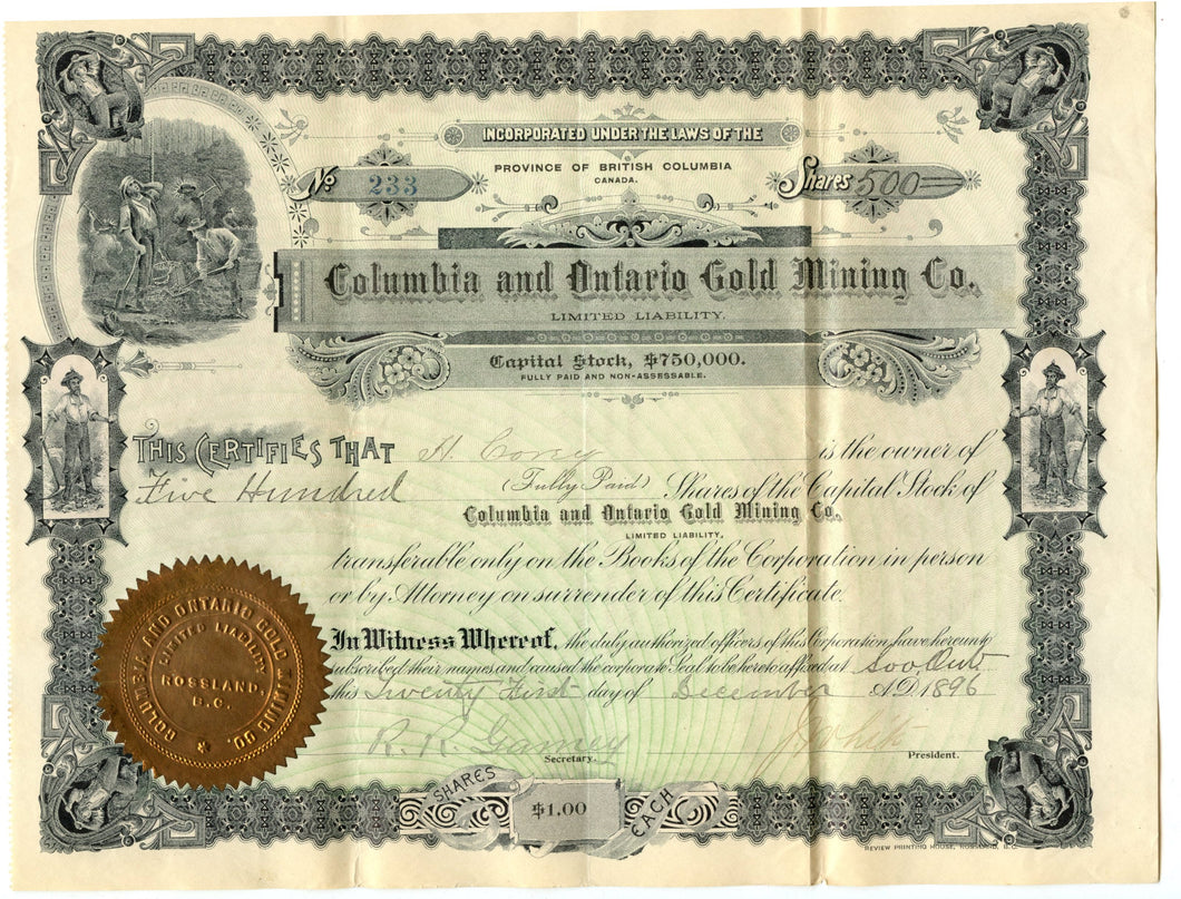 Columbia and Ontario Gold Mining stock certificate