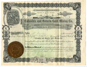 Columbia and Ontario Gold Mining stock certificate