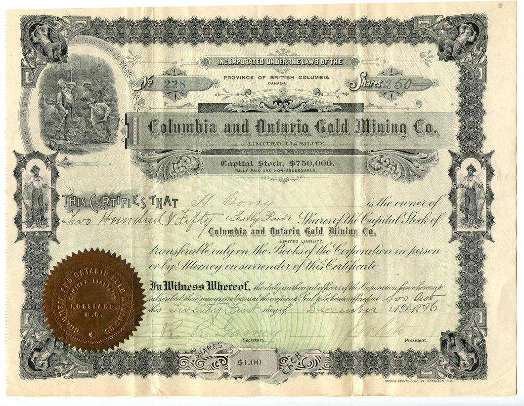 Columbia and Ontario Gold Mining stock certificate