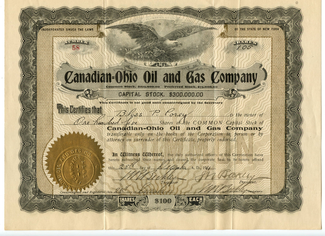 Canadian-Ohio Oil and Gas stock certificate