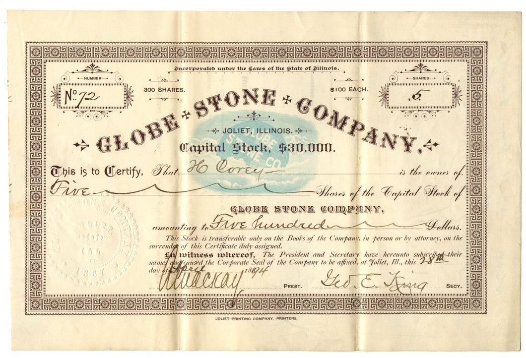 Globe Stone Company stock certificate