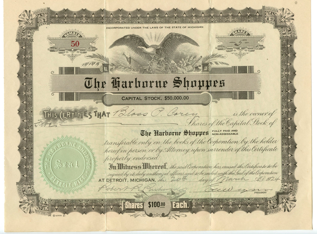 The Harborne Shoppes stock certificate