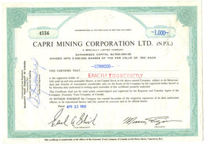 Capri Mining stock certificate