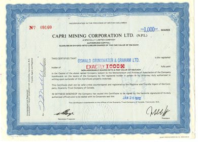 Capri Mining stock certificate