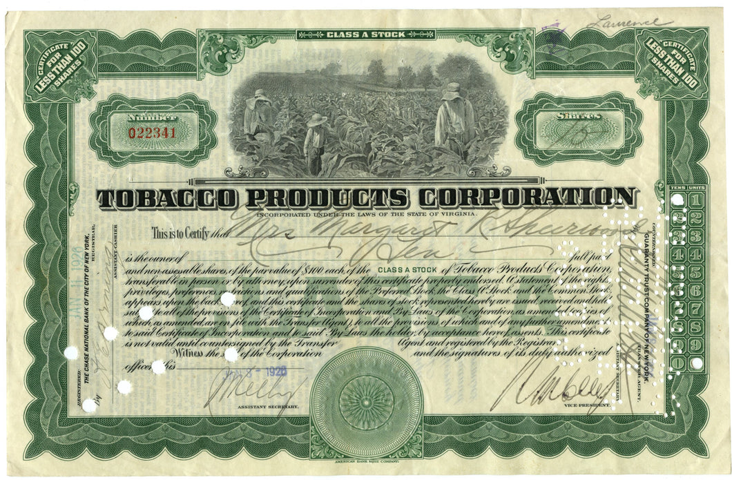 Tobacco Products Corporation stock certificate