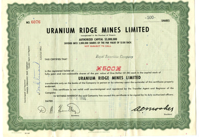 Uranium Ridge Mines stock certificate