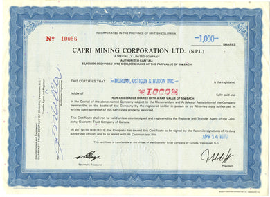 Capri Mining stock certificate
