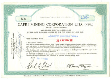 Capri Mining stock certificate