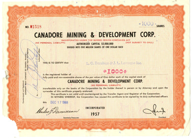 Canadore Mining & Development stock certificate