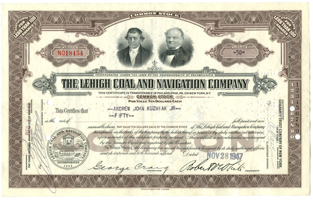 Lehigh Coal and Navigation stock certificate