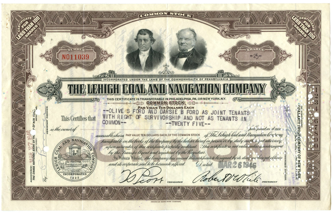 Lehigh Coal and Navigation stock certificate