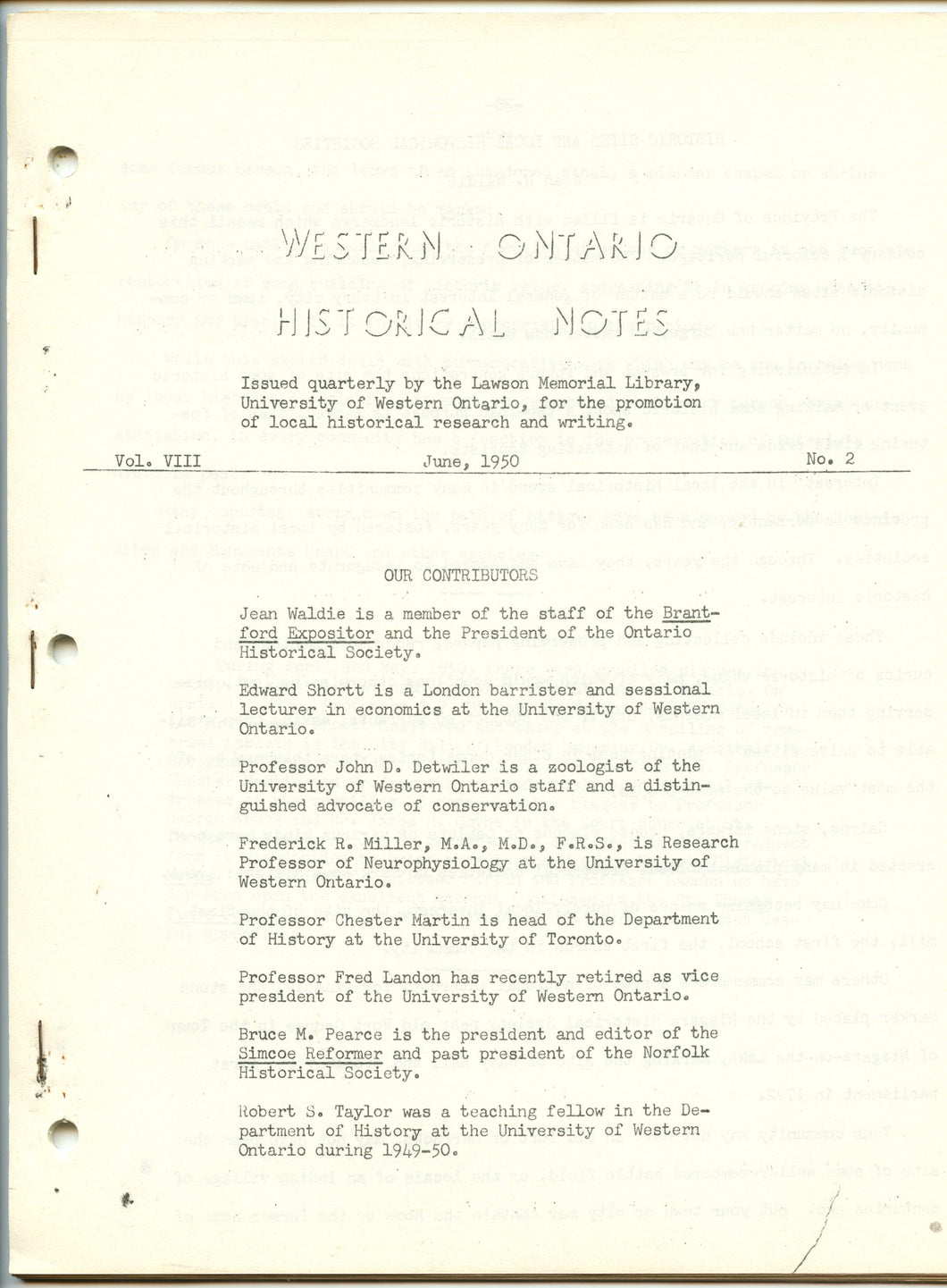 Western Ontario Historical Notes June 1950
