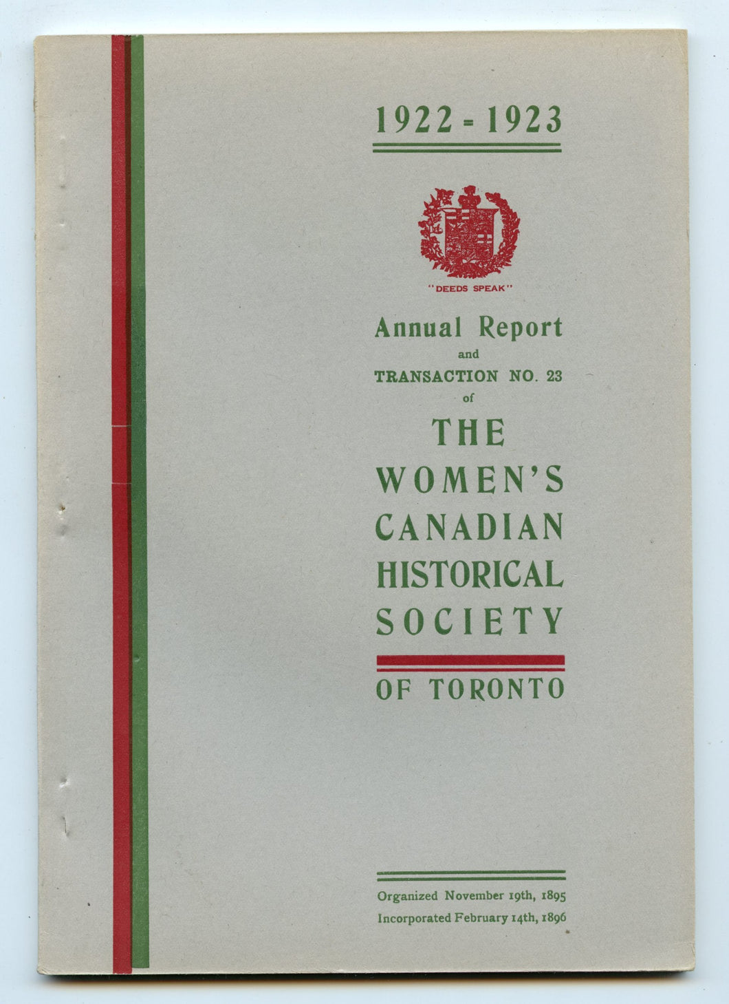 Annual Report and Transaction No. 23 of The Women's Canadian Historical Society of Toronto, 1922-1923