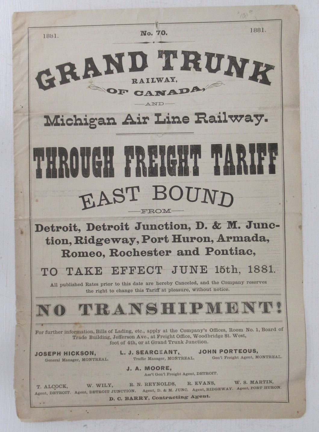Grand Trunk & Michigan Air Line Through Freight Tariff, 1881