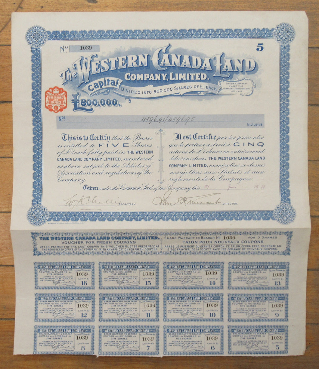 Western Canada Land Company stock certificate