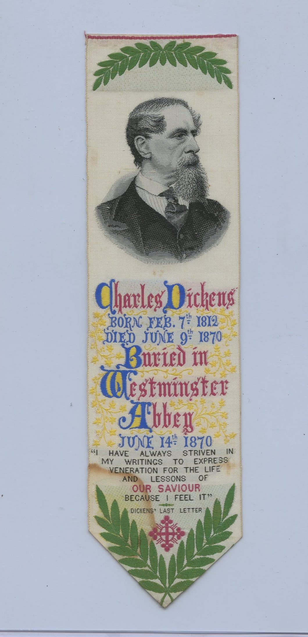 Charles Dickens stevengraph bookmark