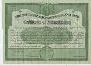 Dominion of Canada Certificate of Naturalization 