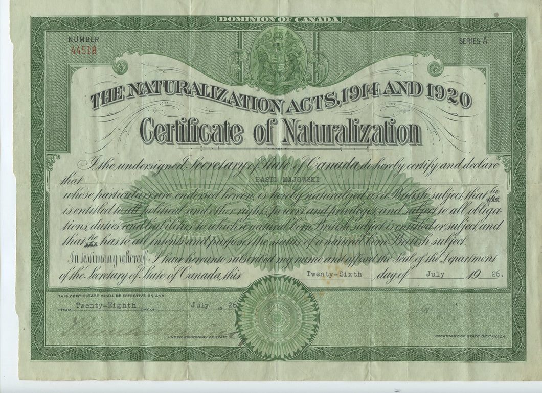 Dominion of Canada Certificate of Naturalization 