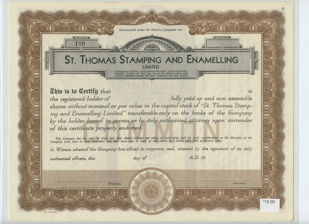 St. Thomas Stamping and Enamelling share certificate