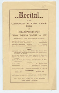 Recital programme for the Collingwood Methodist Church Choir, Vancouver, 1909