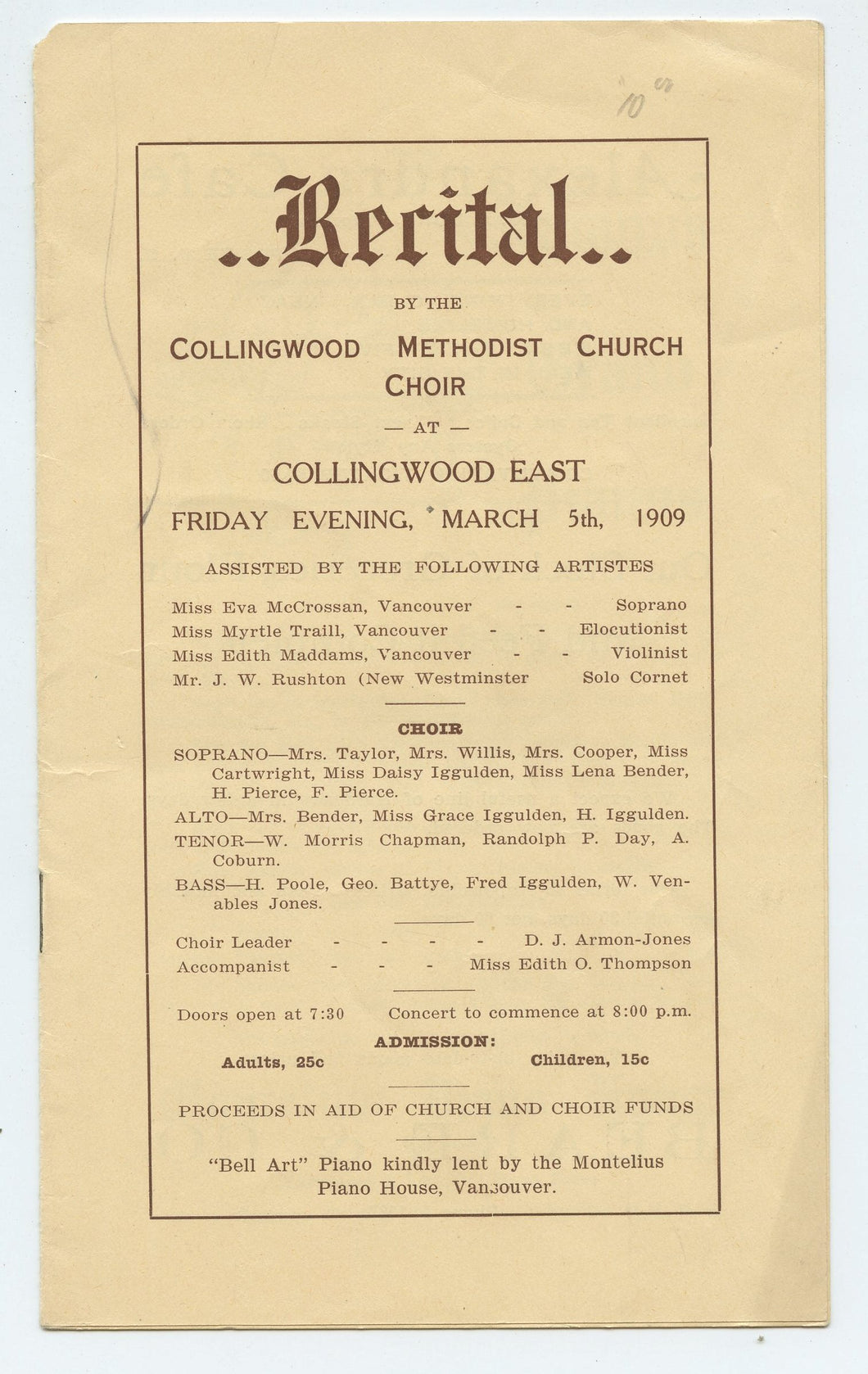 Recital programme for the Collingwood Methodist Church Choir, Vancouver, 1909