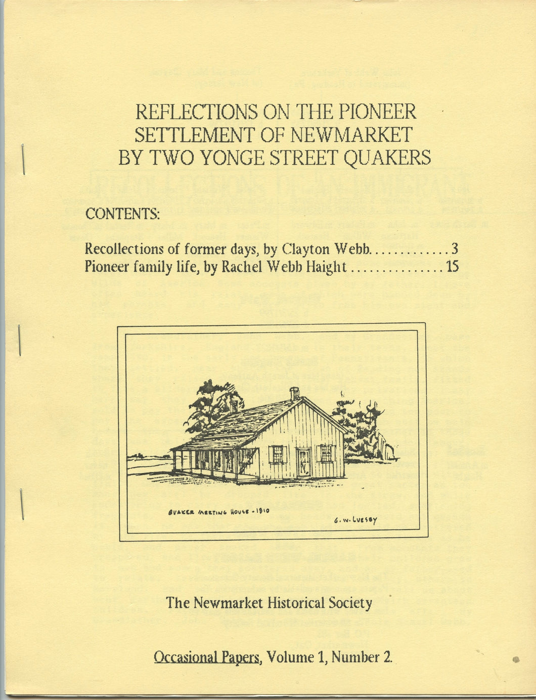 Reflections on the Pioneer Settlement of Newmarket by Two Yonge Street Quakers