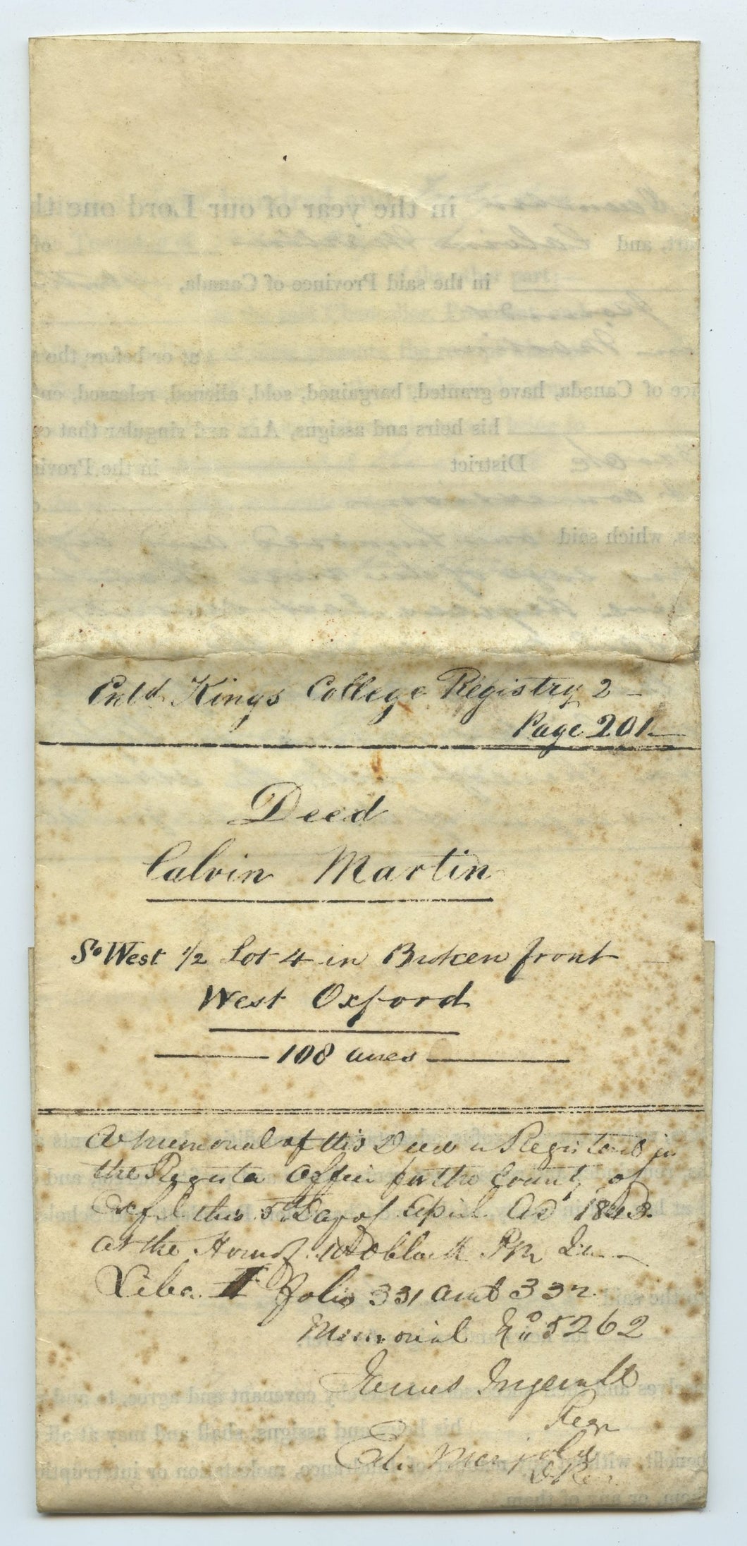 Land Deed of Calvin Martin, Oxford County, Ontario
