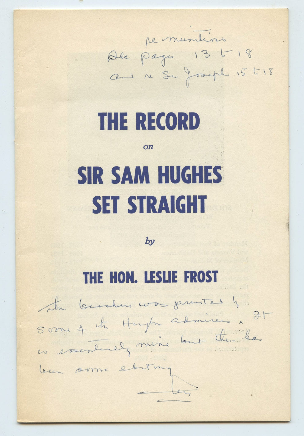 The Record on Sir Sam Hughes Set Straight