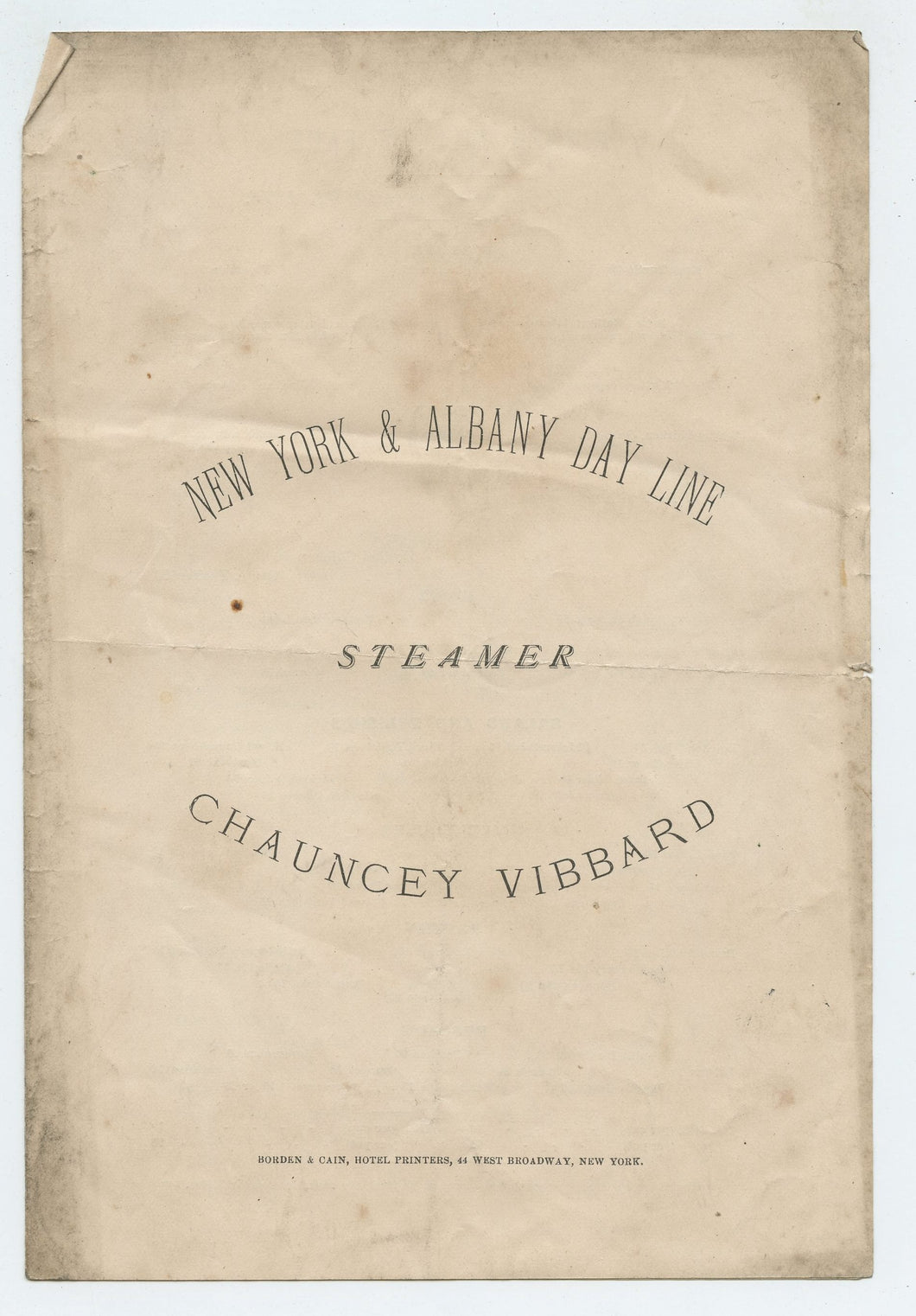 Menu & Time Table from New York & Albany Day Line Steamer Chauncey Vibbard