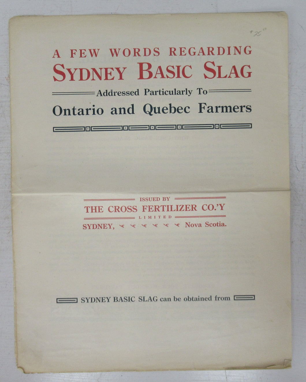 A Few Words Regarding Sydney Basic Slag Addressed Particularly To Ontario and Quebec Farmers